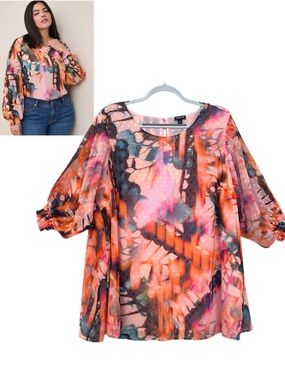 Torrid 4X Chiffon Clip Dot 3/4 Blouson Sleeve Blouse Floral Abstract Colorful